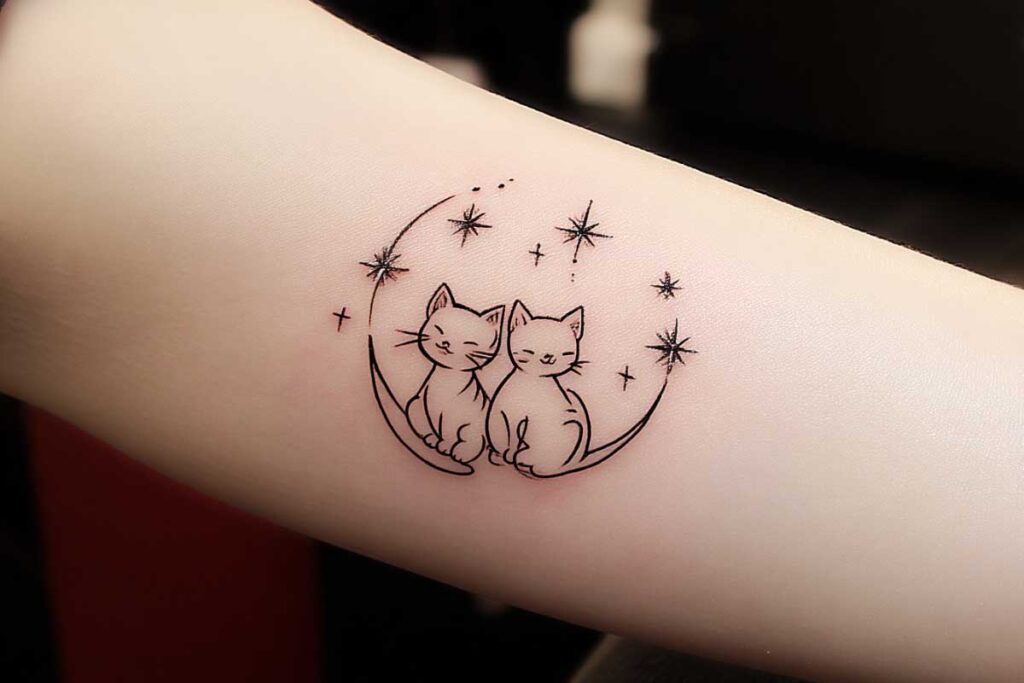 Fresh minimalist cat tattoo on outer wrist, healed at six weeks