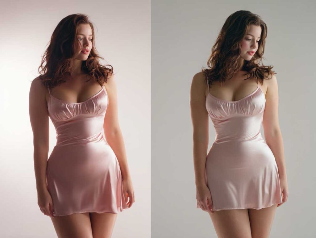 curvy woman with thick thighs modeling a blush satin slip dress