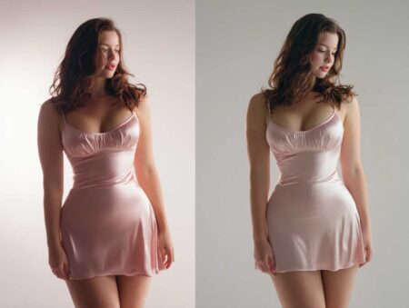 curvy woman with thick thighs modeling a blush satin slip dress