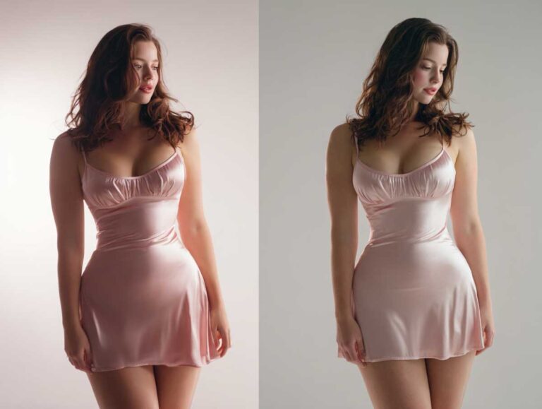 curvy woman with thick thighs modeling a blush satin slip dress