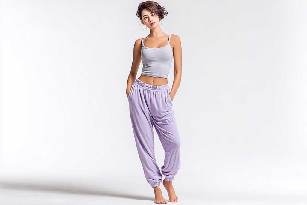 A young model with short hair, barefoot wearing a soft cotton lavender tracksuit