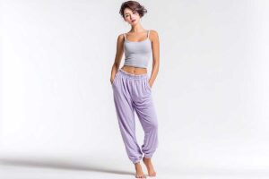 A young model with short hair, barefoot wearing a soft cotton lavender tracksuit