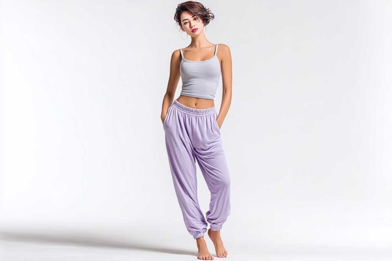 A young model with short hair, barefoot wearing a soft cotton lavender tracksuit