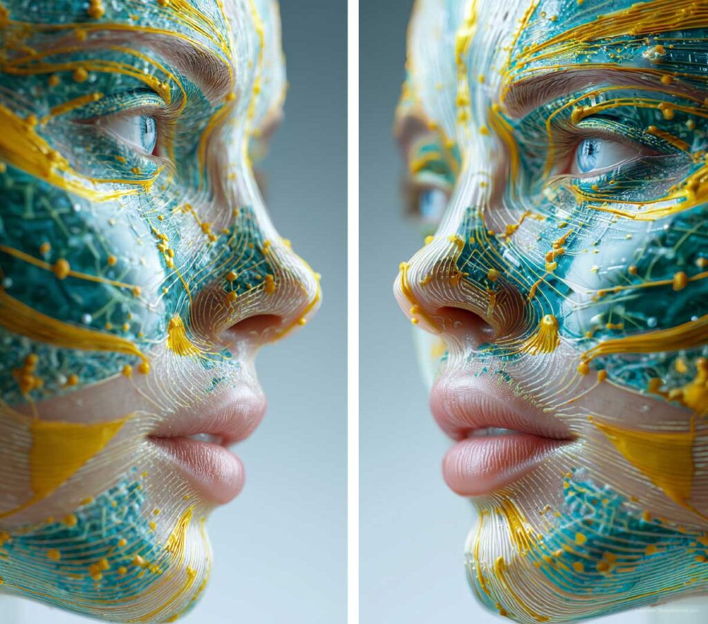 Yellow and light green cyan pink collagen skin layer.