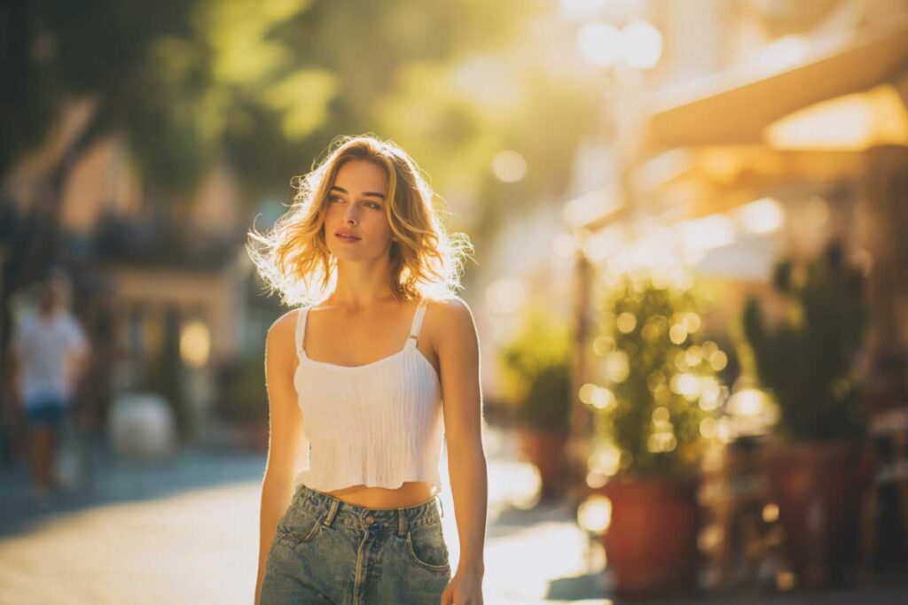 A confident woman strolls in a loose white linen tank