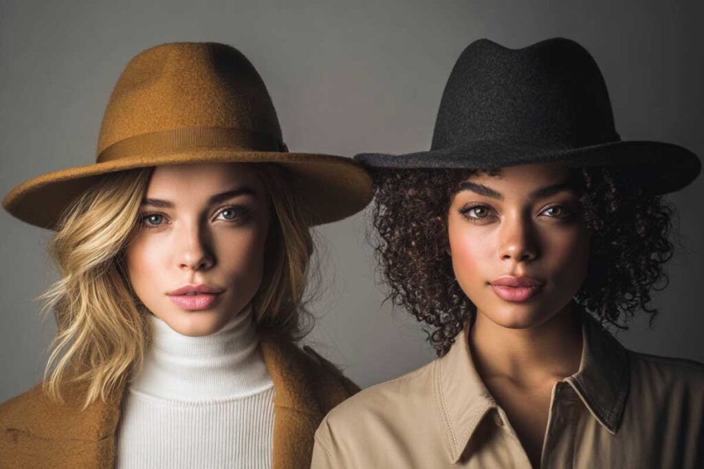 portraits of two women with camel fedoras