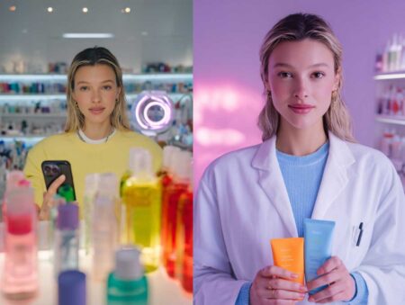 left, a young influencer filming a skincare routine, right, a dermatologist holding three products