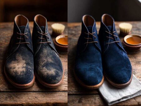 two navy suede chukka boots side-by-side on a rustic wood table