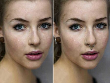 soft-focus close-up of a young woman with blue-gray eyes