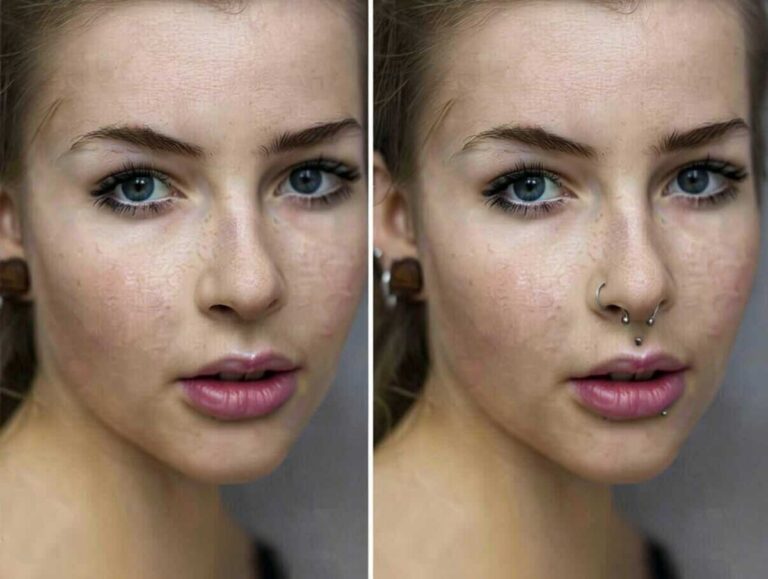 soft-focus close-up of a young woman with blue-gray eyes