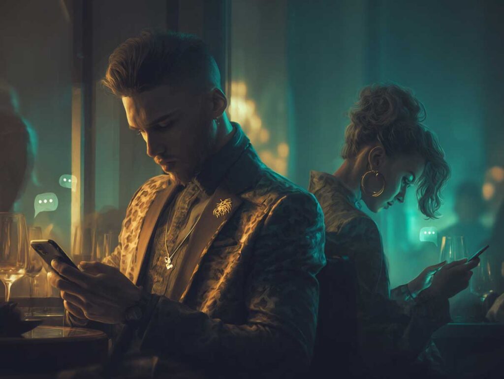 Leo man texting on his phone, Scorpio woman reading his message across the room