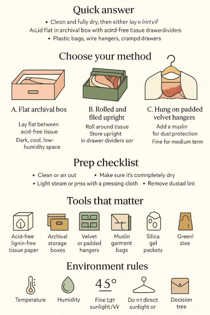 Keep silk scarves smooth: store flat with tissue or roll upright, never plastic.