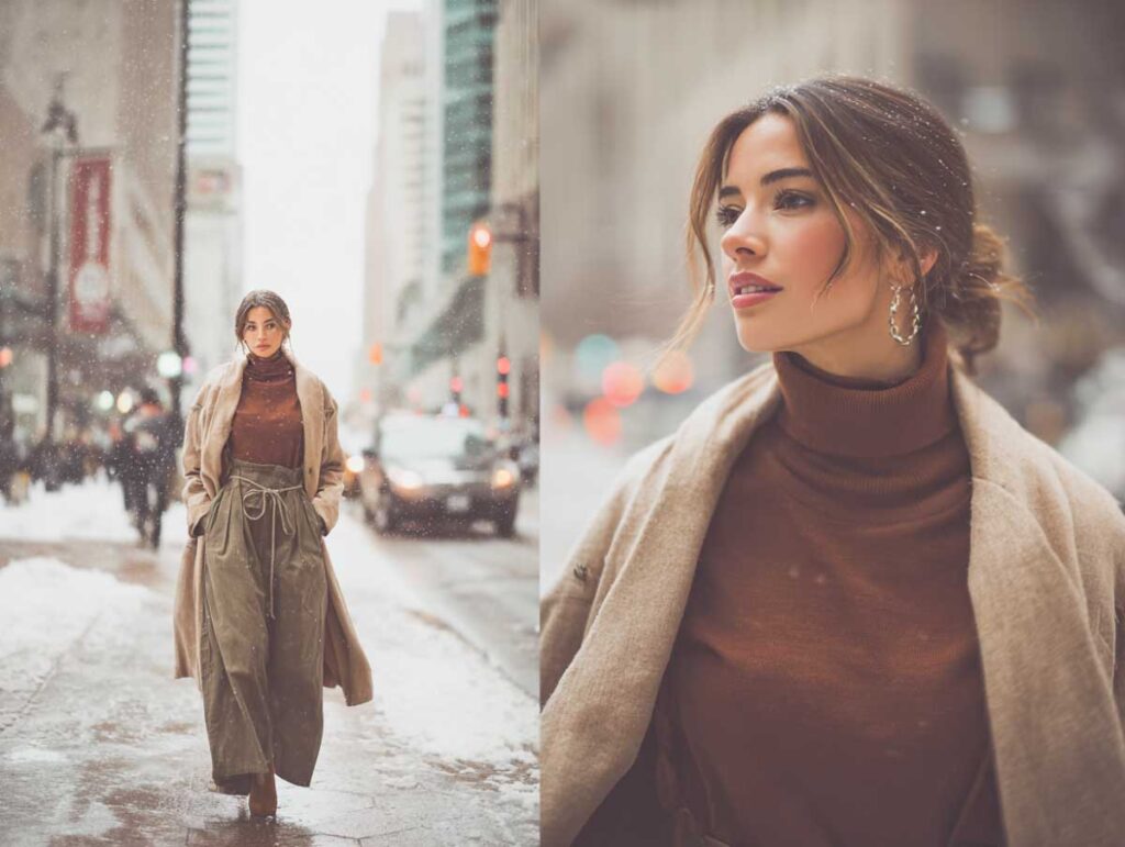 stylish woman strolling through a snow-dusted downtown street