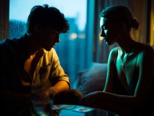 Leo man and Scorpio woman reconcile at dusk, hands meet over table.