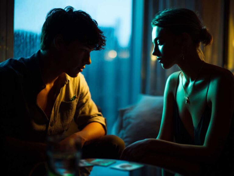 Leo man and Scorpio woman reconcile at dusk, hands meet over table.