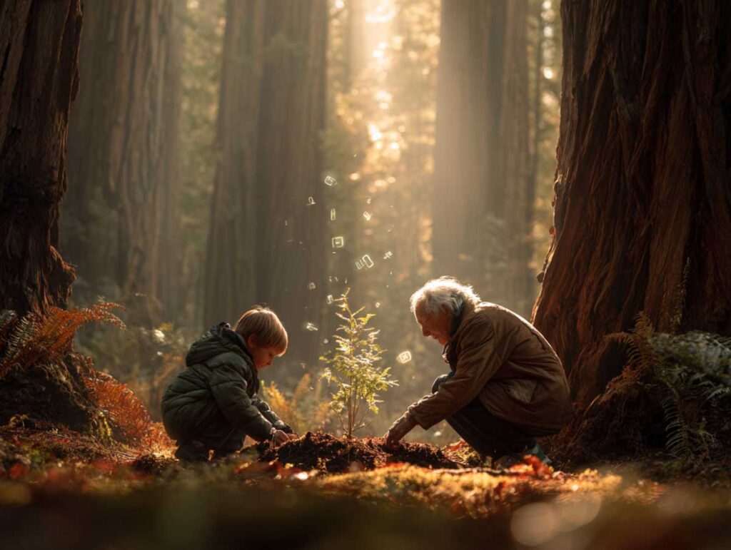 Image of a small child and an elderly grandparent side-by-side, patting soil around a redwood sapling.