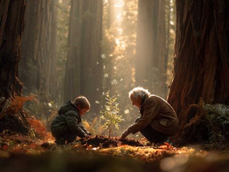 Image of a small child and an elderly grandparent side-by-side, patting soil around a redwood sapling.