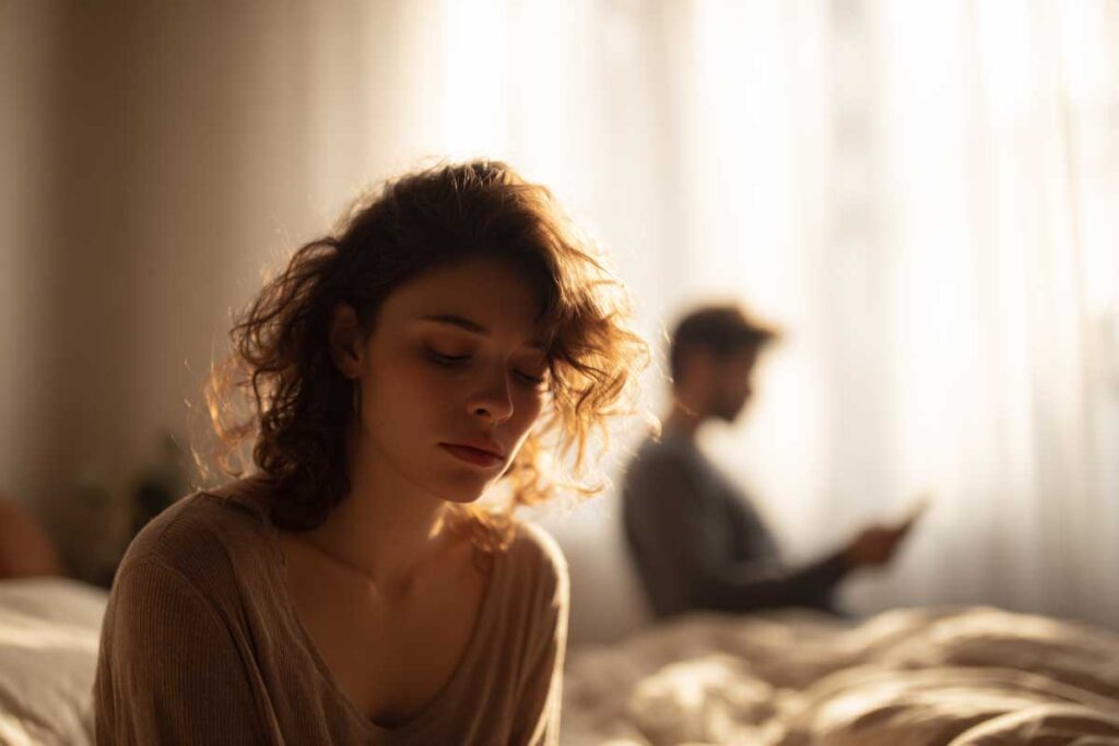 A photograph of a young woman sitting on the edge of a bed.
