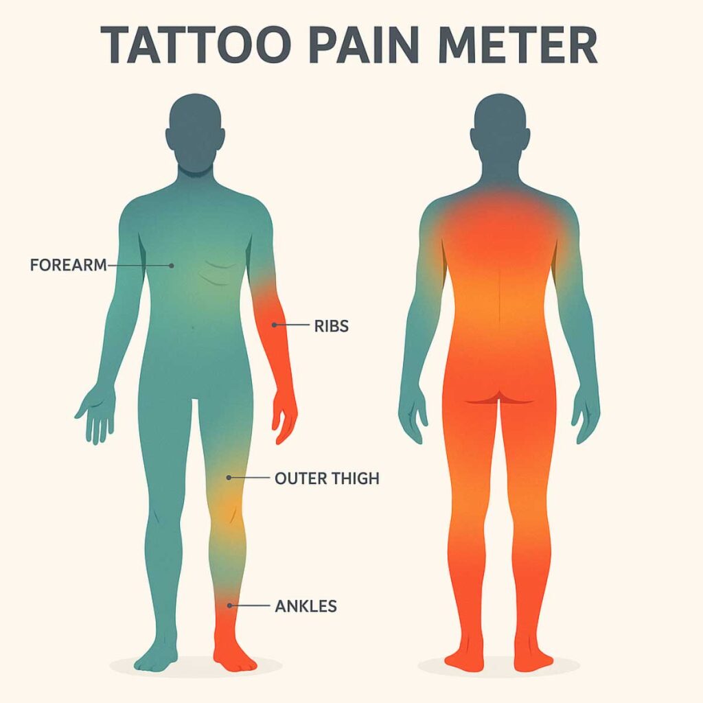 infographic of a gender-neutral human silhouette, front and back view side-by-side, each body zone shaded with a smooth gradient from cool teal at low-pain areas