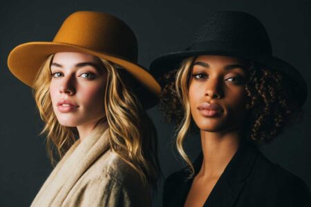 Side-by-side portraits of two women with camel fedora hat.