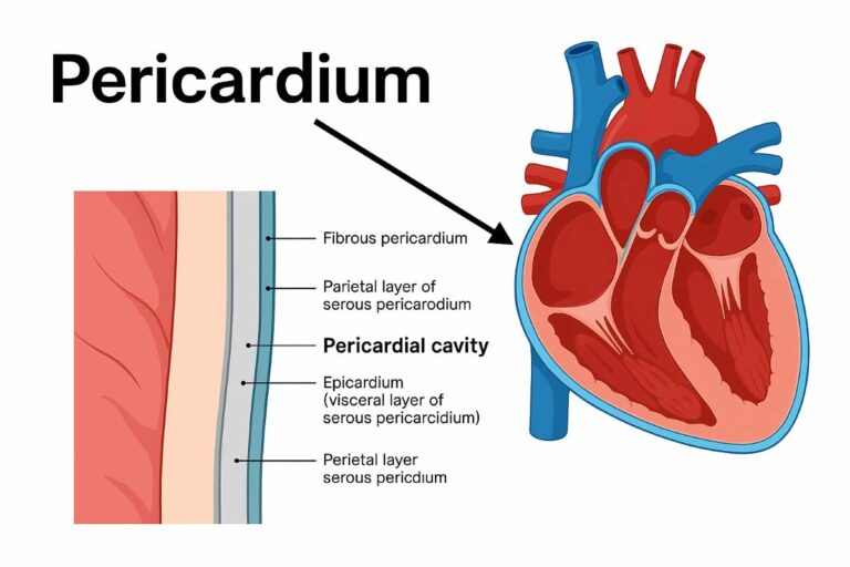 Clean medical vector illustration on a white background, bold black title text "Pericardium" in large sans-serif font.