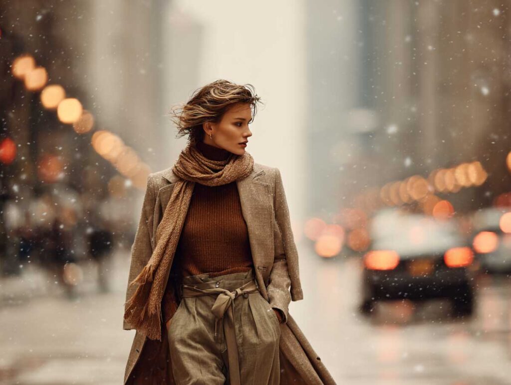 Linen vs Cotton: Stylish woman strolling through a snow-dusted downtown street