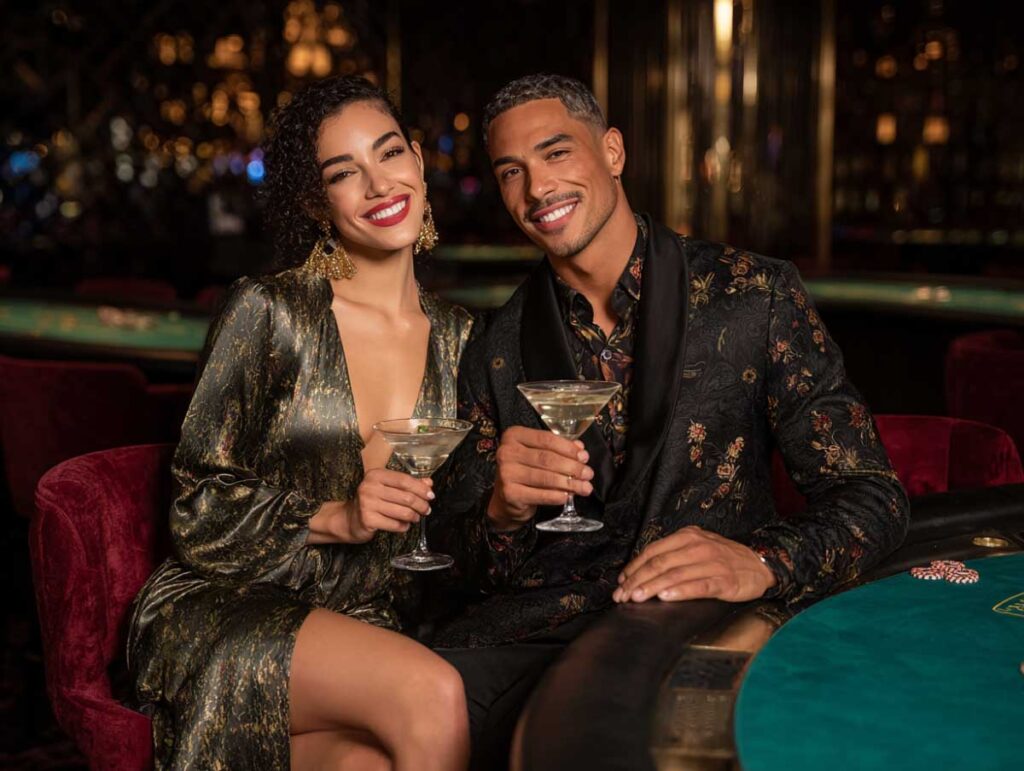 What to Wear to a Casino: woman in jewel-tone satin cocktail dress