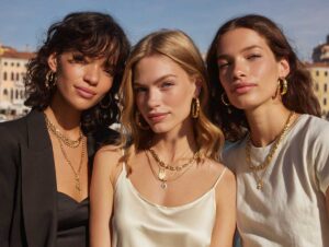 Three models in a blazer, slip dress, and tee showcase wholesale jewelry, chunky gold hoops, pearl drops, enamel bangles, and layered zodiac necklaces