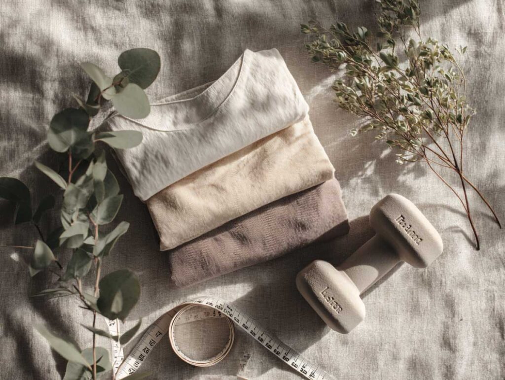 three neutral-toned bralettes neatly folded beside a soft fabric measuring tape, a small hand weight