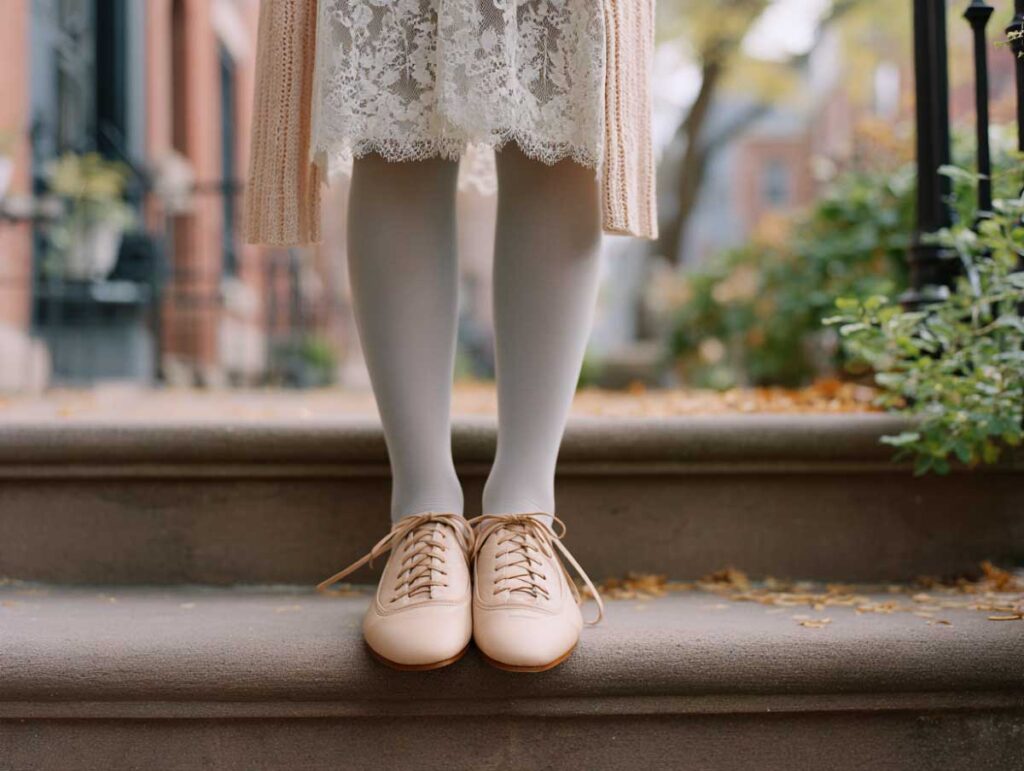 a woman in a jazz style lace up flats with slip dress
