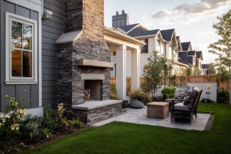 photograph of a modern suburban backyard, showing a stacked-stone outdoor fireplace