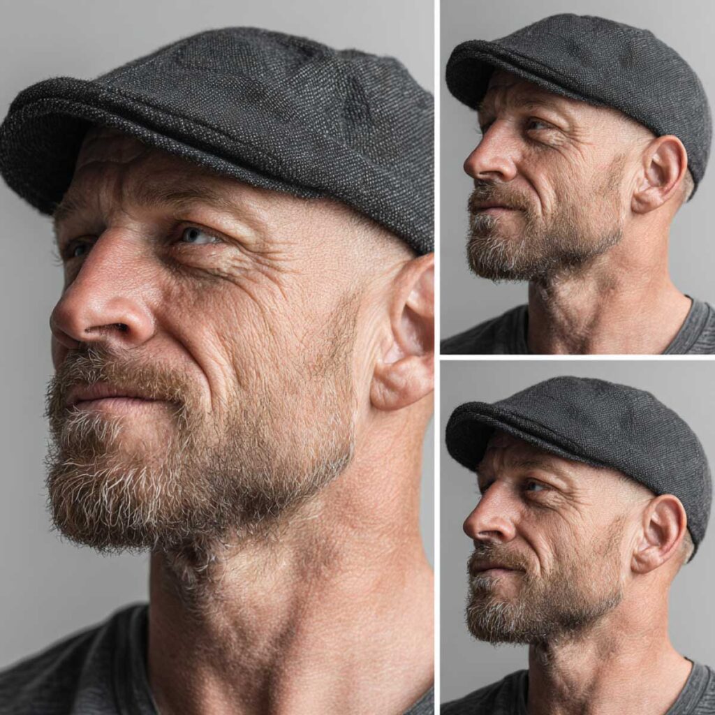 Collage of a bearded man modeling a gray flat cap from three angles