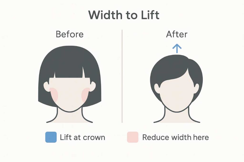 Before after of bixie haircut for round face showing reduced side width and more crown height.