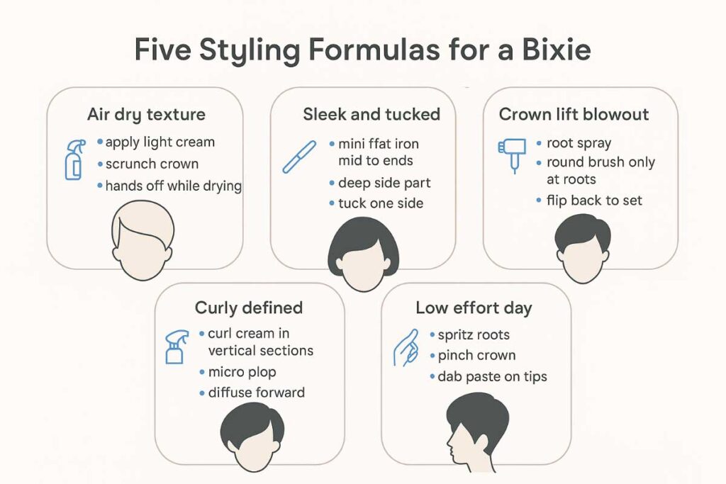 Styling routines for bixie haircut for round face, from air dry texture to crown lift blowout.
