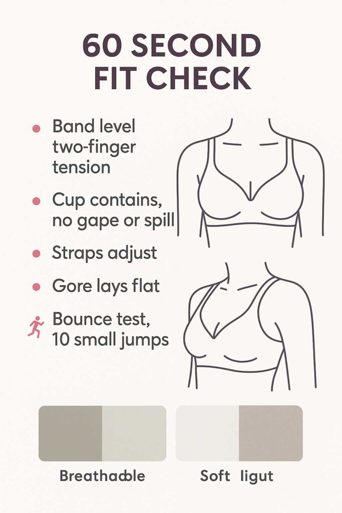 How a bra should fit, band, cup, straps, gore, and bounce test, quick checklist.