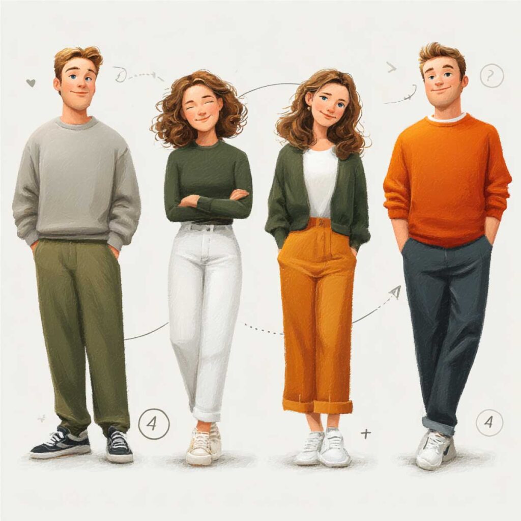 Playful illustration of two men and two women in casual outfits, with arrows hinting at flirty body language.