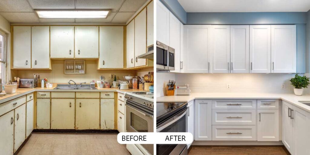 How to Paint Old Laminate Kitchen Cabinets on a Budget (Before & After photos).