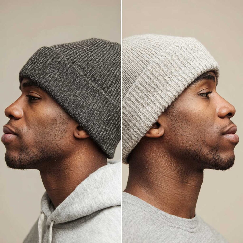Side profiles of a man wearing charcoal and light gray ribbed beanies
