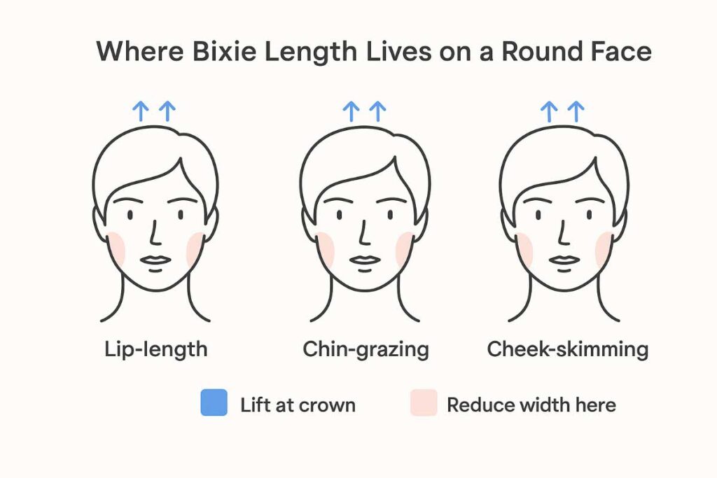 Bixie haircut for round face diagram showing chin and lip lengths with crown lift and reduced cheek width.
