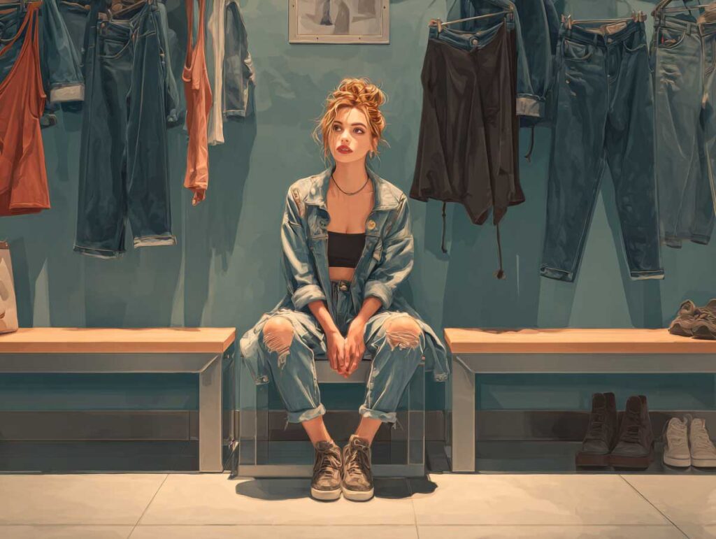 A stylish young woman in her late 20s sitting on a fitting room bench surrounded by different size jeans and dresses