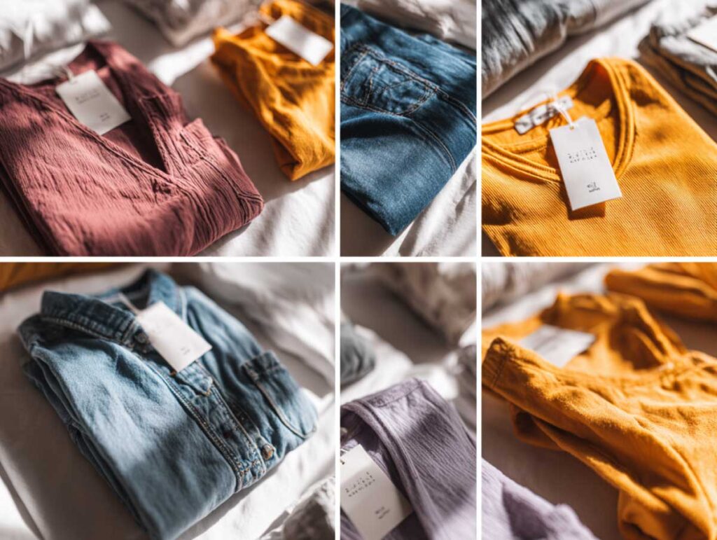 Flat lay of neatly folded jeans, tops, and skirts, each with large, visible clothing tags showing different sizes for similar-looking items