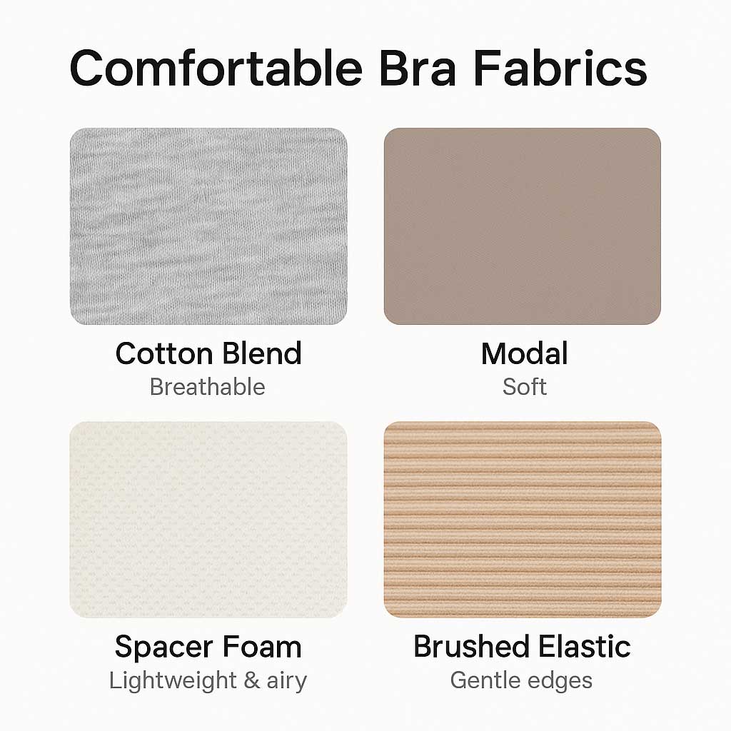 Comfortable bra fabrics, cotton blends, modal, spacer foam, and brushed elastic