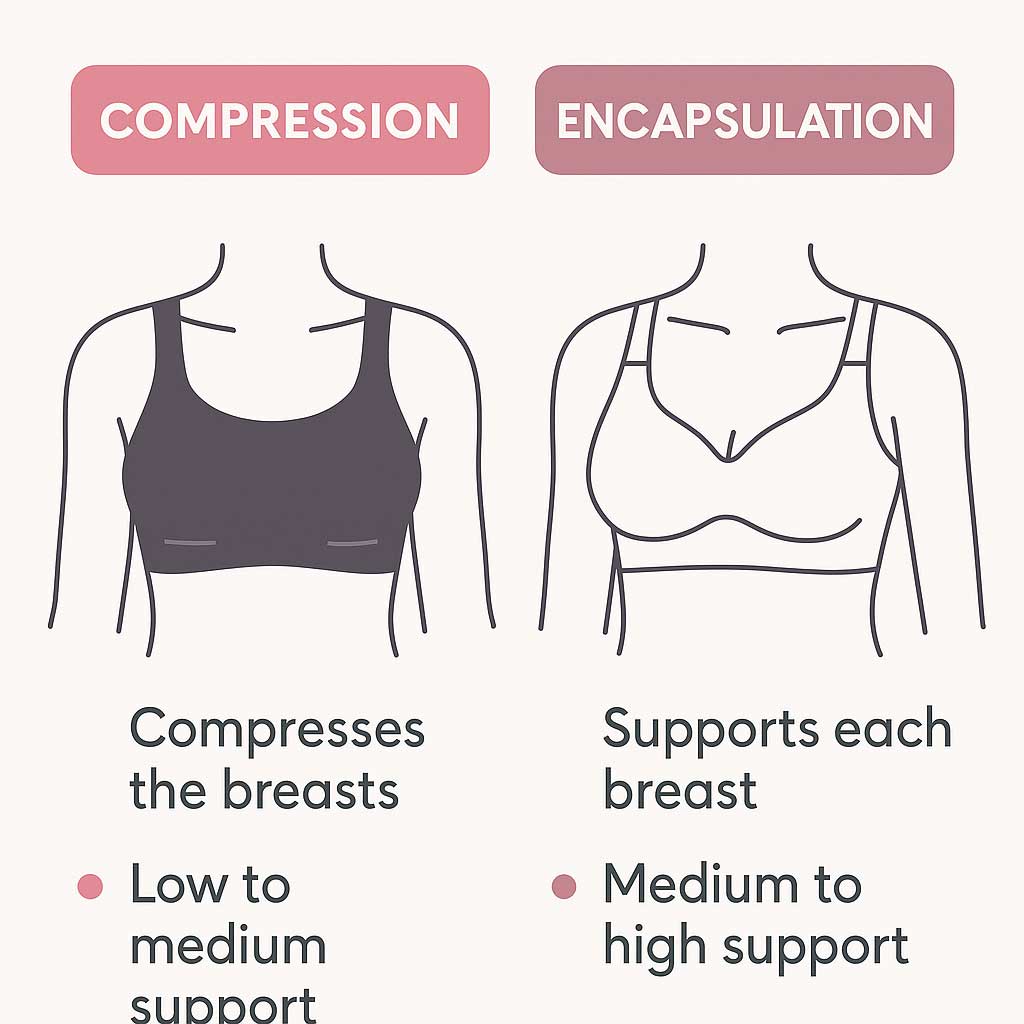 Compression vs encapsulation sports bra, key features and support levels
