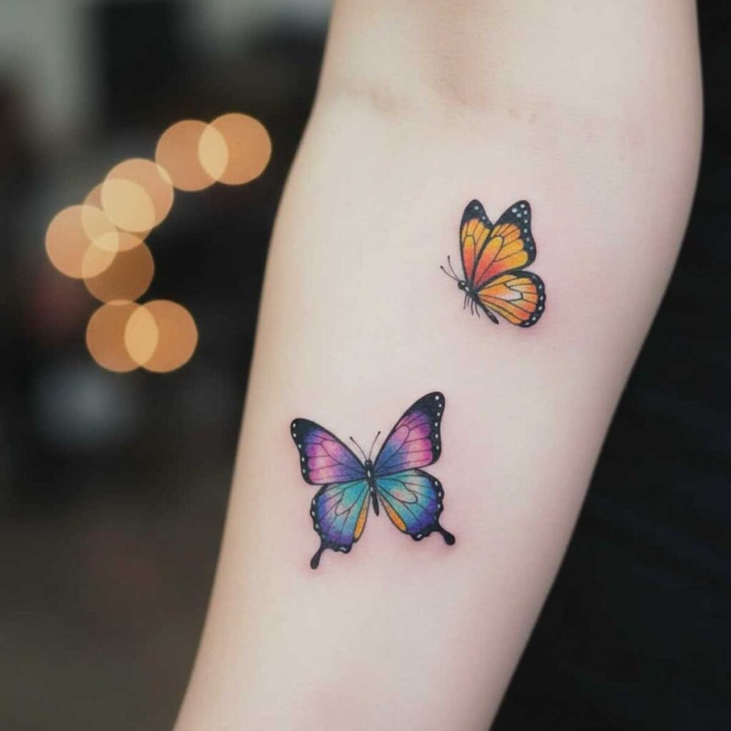 small blue morpho butterfly tattoo, inner forearm, semi realistic.