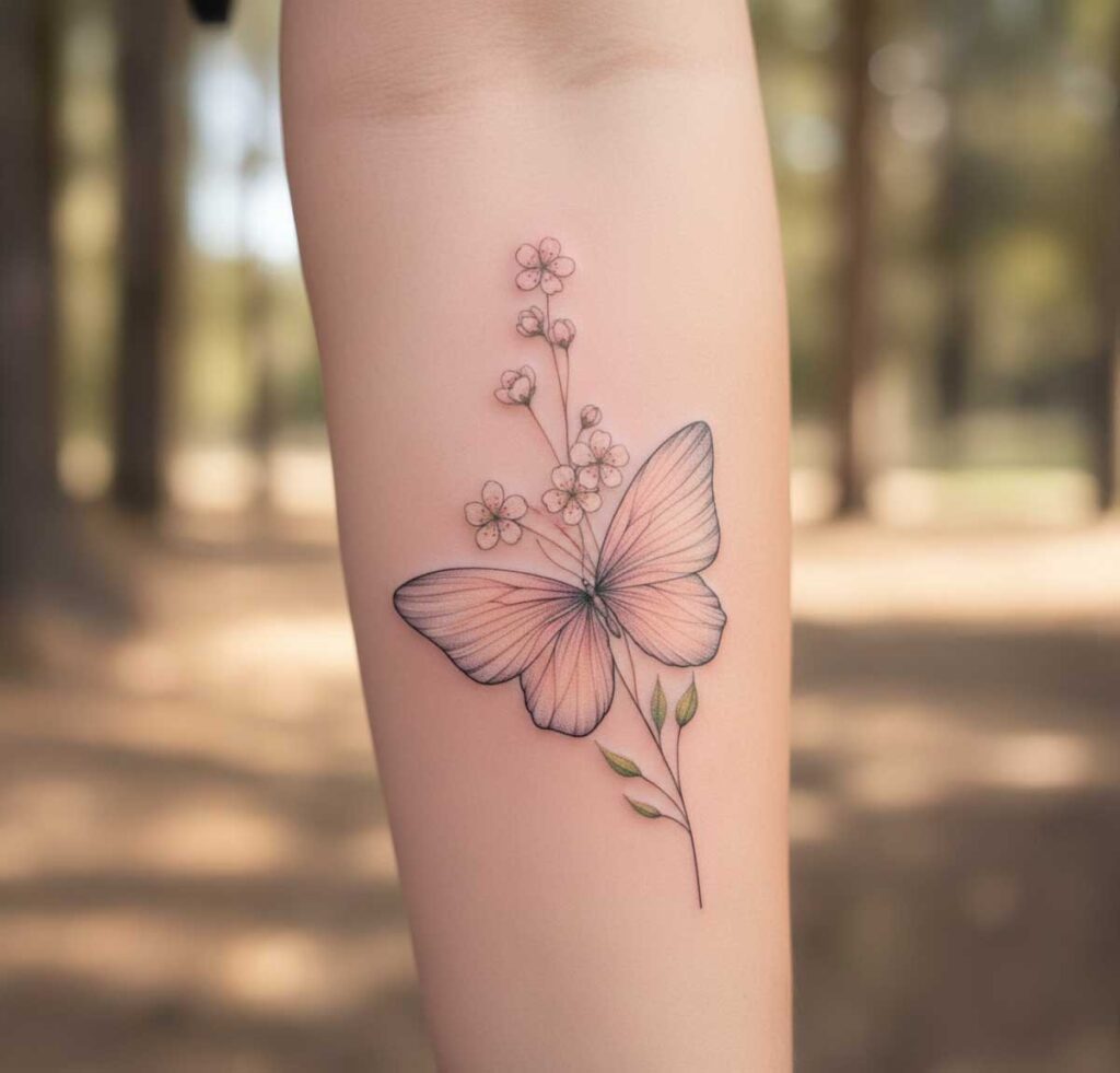 minimalist white butterfly outline tattoo, ankle, healed linework