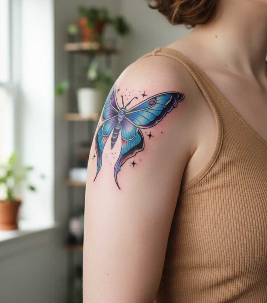 soft green luna moth tattoo, upper back, watercolor wash