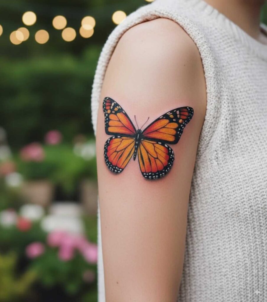 yellow swallowtail butterfly tattoo, shoulder cap, fine line with light shading.