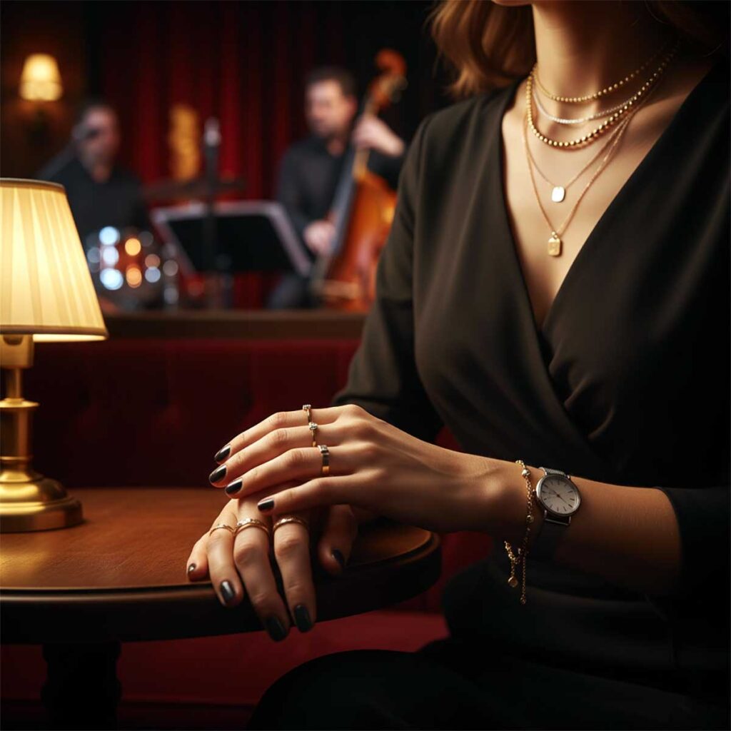Woman wearing layered jewelry at a jazz club.