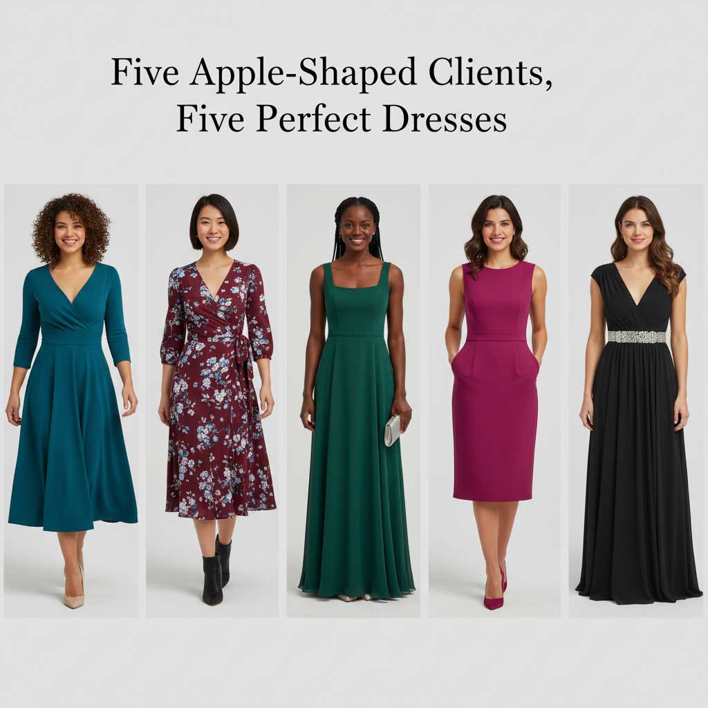 Client transformations wearing the best dresses for apple body type