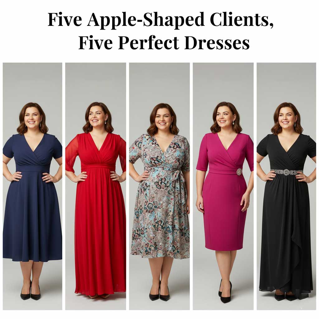 Before and after examples showing fit fixes for apple body type